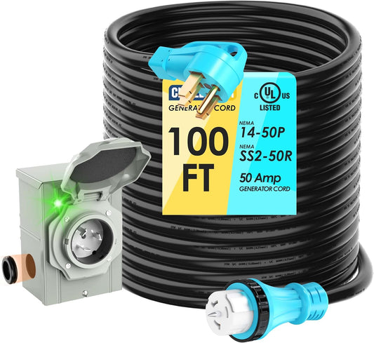 50 Amp 100 Feet Generator Cord and Power Inlet Box Combo Kit