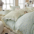 French Ruffled Floral Comforter Set Full - Chic Blue Botanical Bedding