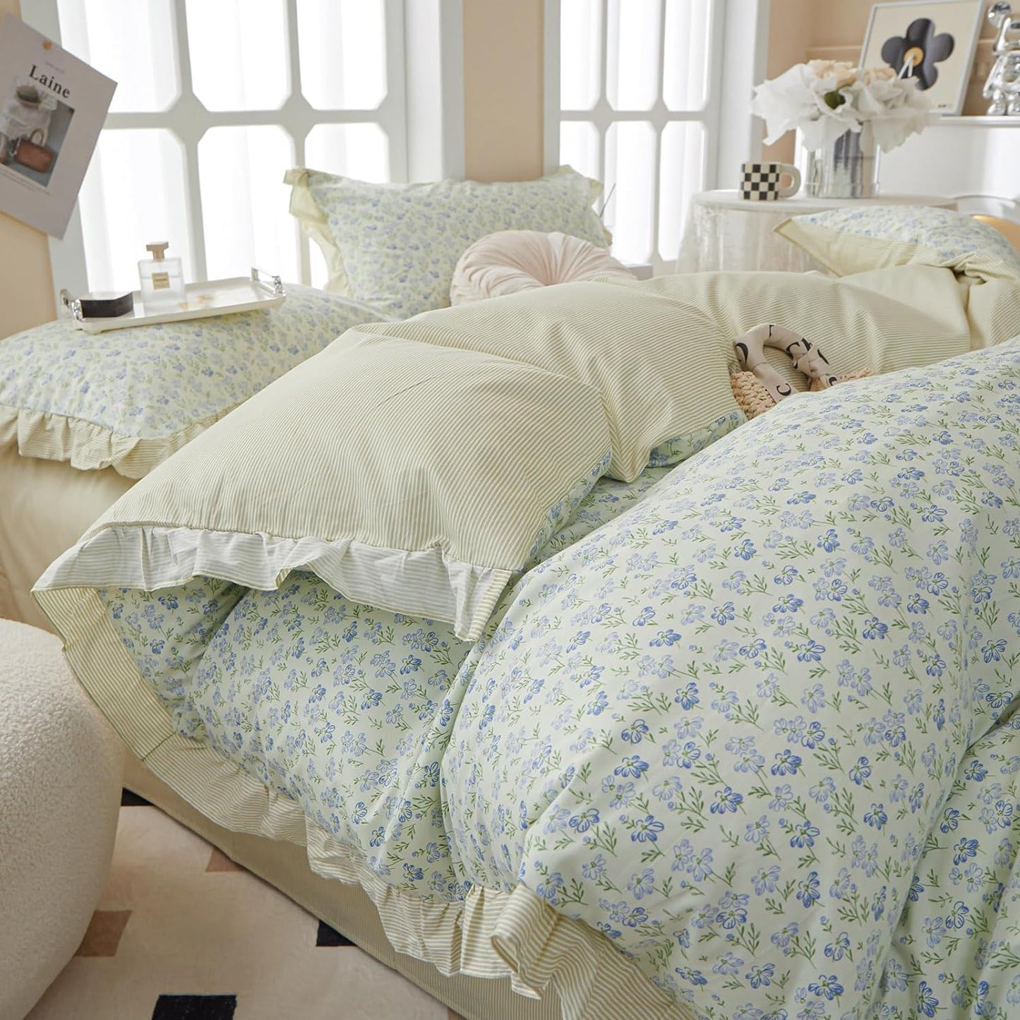 French Style Garden Floral Ruffled Comforter Set Full White