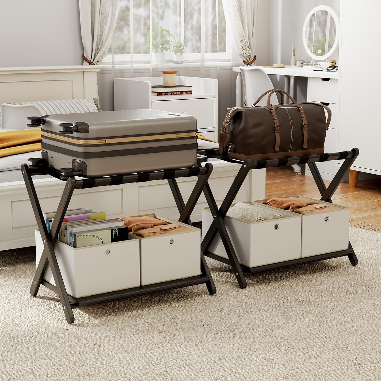 2 Pack Fully Assembled Black Luggage Racks with Storage Boxes