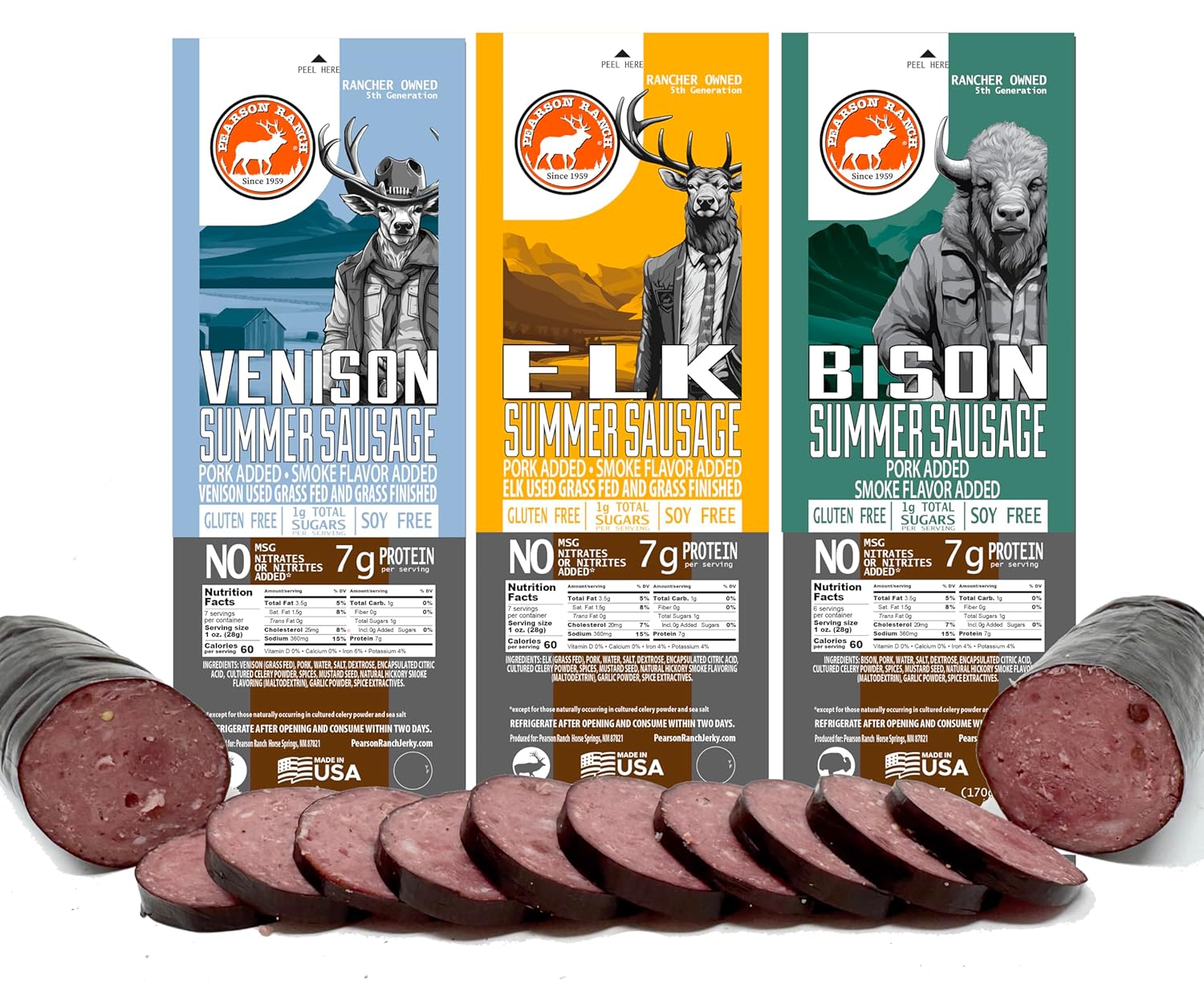 Exotic Game Meat Summer Sausage Variety Pack - Elk, Buffalo, Venison