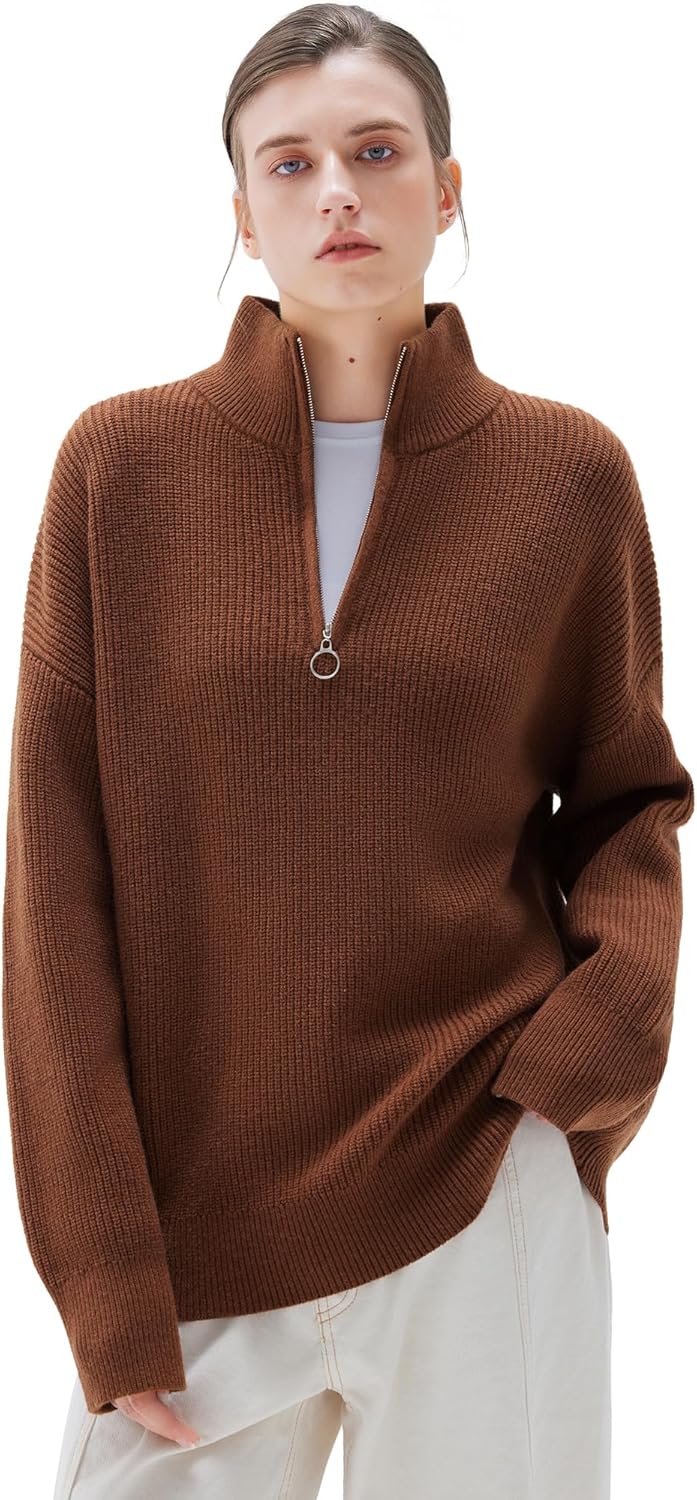 SUUKSESS Women Cashmere Oversized Quarter Zip Pullover Sweater