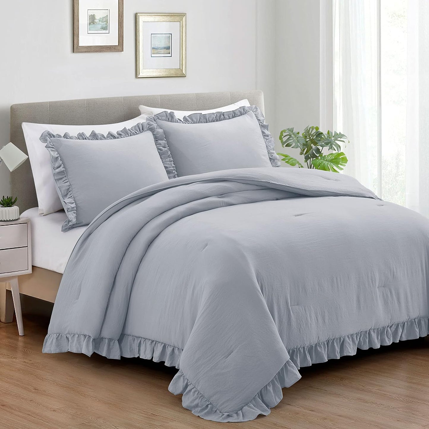Bonlino Bedding Comforter Set Queen - Soft Lightweight Ruffle Design