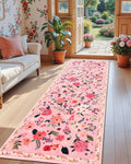 Pink Floral Runner Rug 2x8 - Washable Non-Slip Runner for Hallway