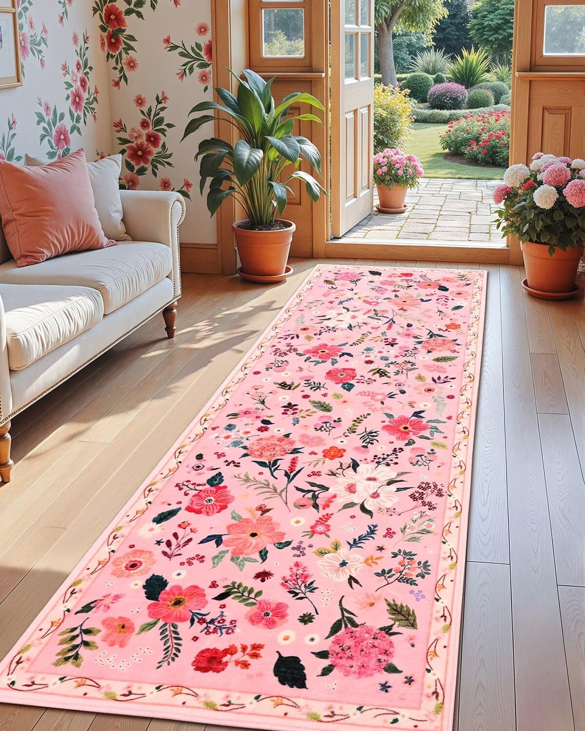 Pink Floral Runner Rug for Girls Bedroom and Kitchen Decor