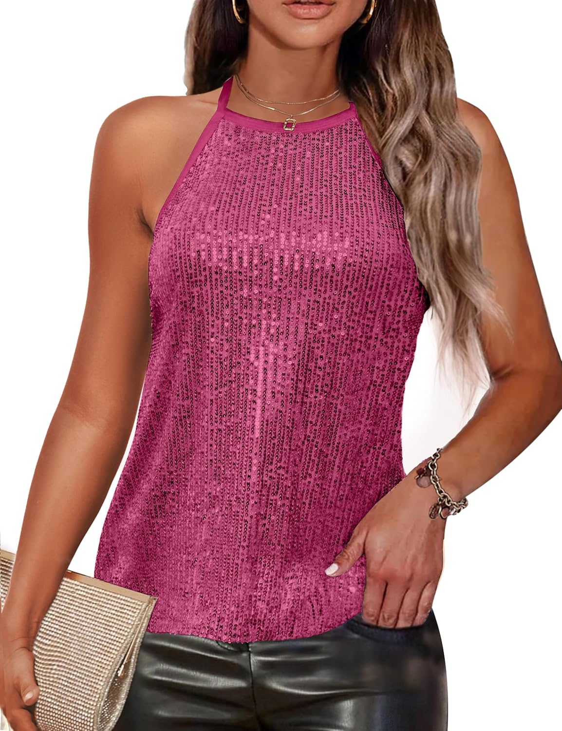 Sparkly Sequin Halter Neck Tank Tops for Women by Traleubie