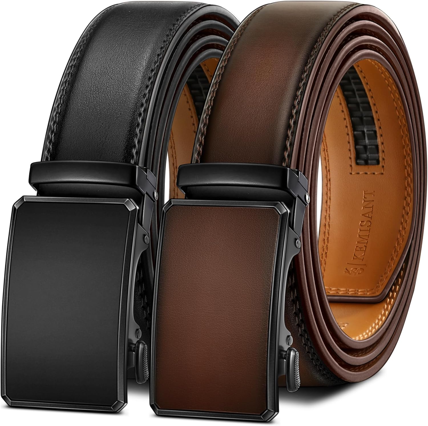 KEMISANT Men Belt 2 Pack - Customizable Leather Ratchet Belts