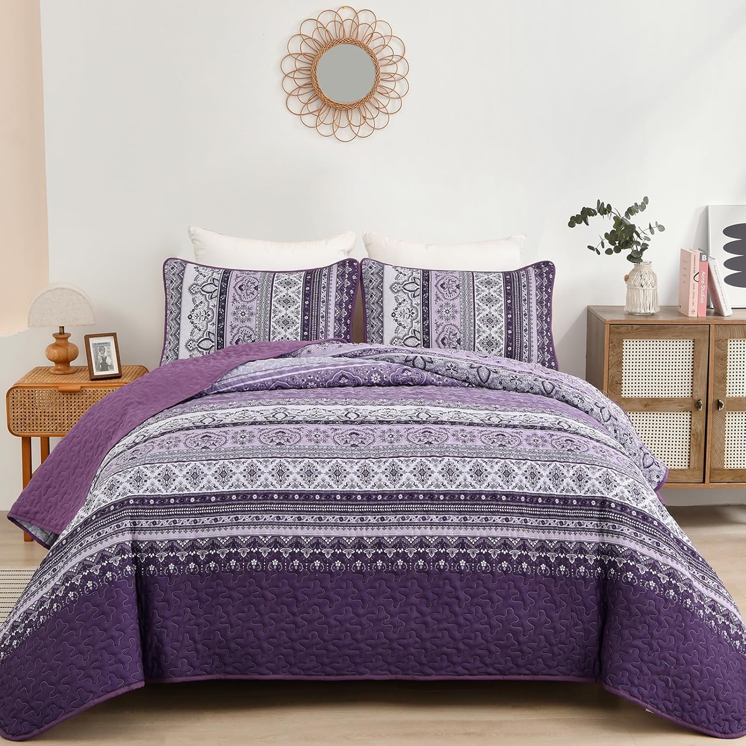 Bohemian Purple Quilt Set Queen Size for All Seasons Bedding