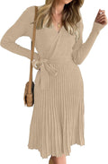 Women's Wrap V Neck Ribbed Knit Pleated A Line Sweater Dress - Midi