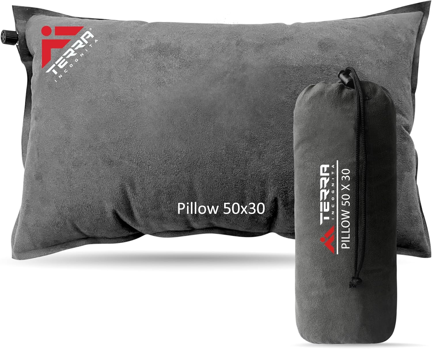 Compact Self-Inflating Camping Pillow - Ideal for Travel - 20x12 (Grey)