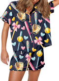 Satin Pajamas for Women Short Sleeve Button-Down Set - Sport Print