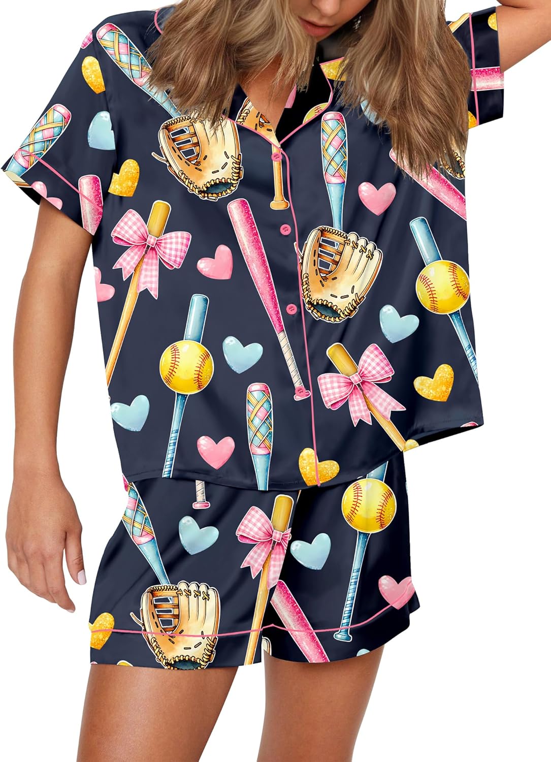 Satin Pajamas for Women Set with Sport Ball Print Pjs XS-XXL