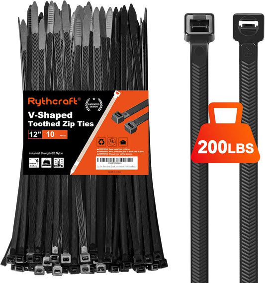 Rythcraft Heavy Duty 12 Zip Ties - 200 LBS Strength - Patented Design