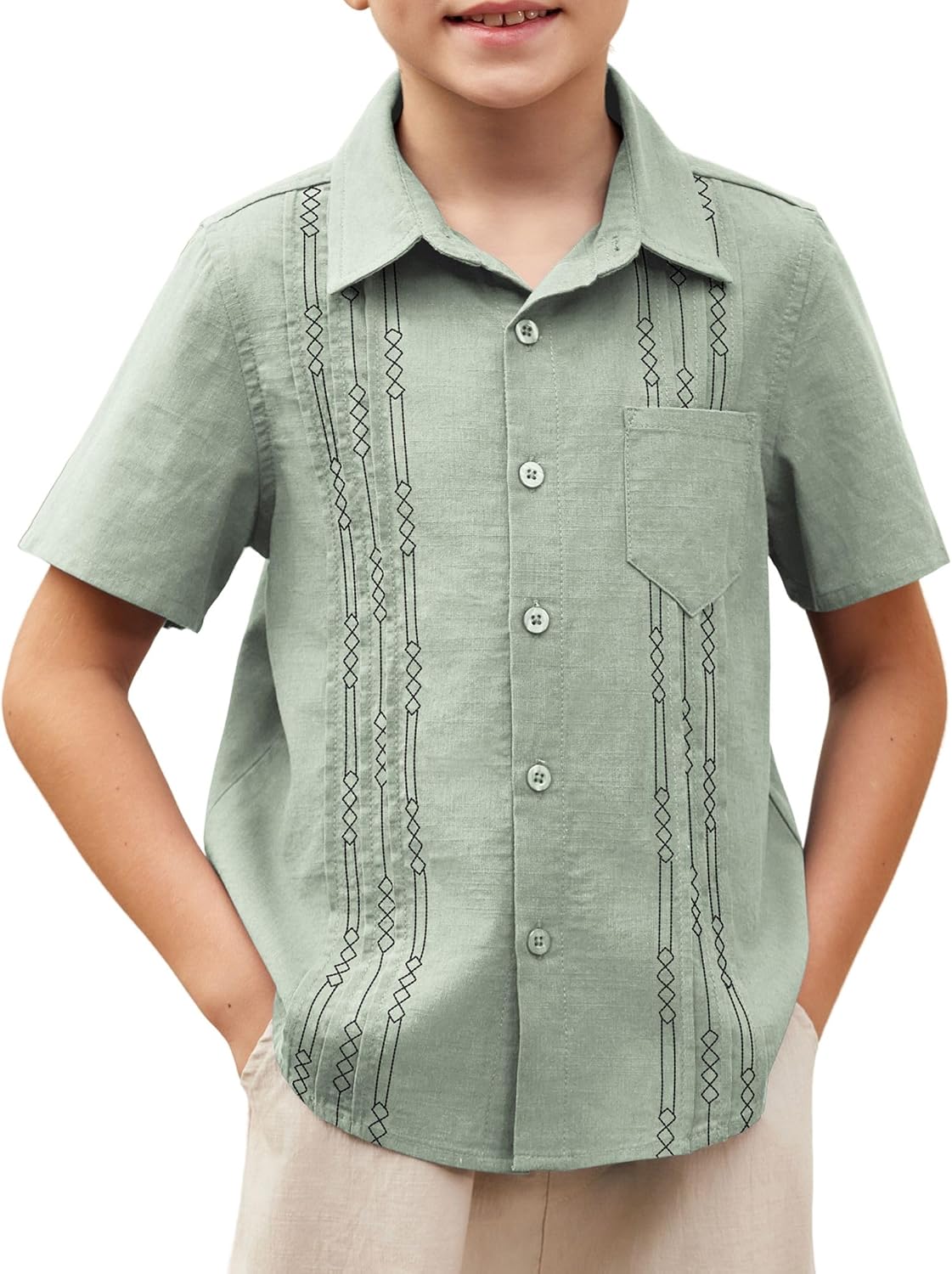 Boys Guayabera Shirt Short Sleeve Cotton Linen Summer Tops