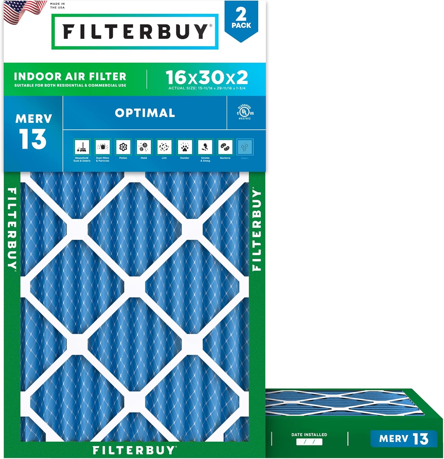 Filterbuy 16x30x2 Air Filter MERV 13 for Smoke & Allergy Defense