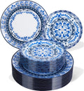 Hioasis 60pcs Blue Plastic Plates Set - Floral Porcelain Style
