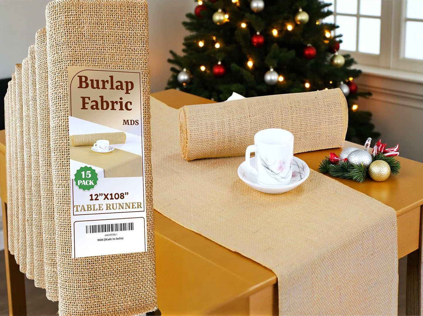 MDS Christmas Natural Burlap Table Runners for Rustic Decor