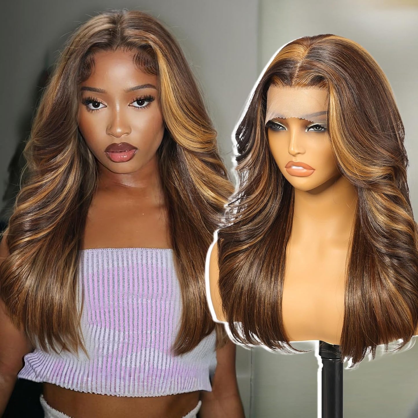 Brown Highlight Synthetic Lace Front Wig for Daily Use 20in