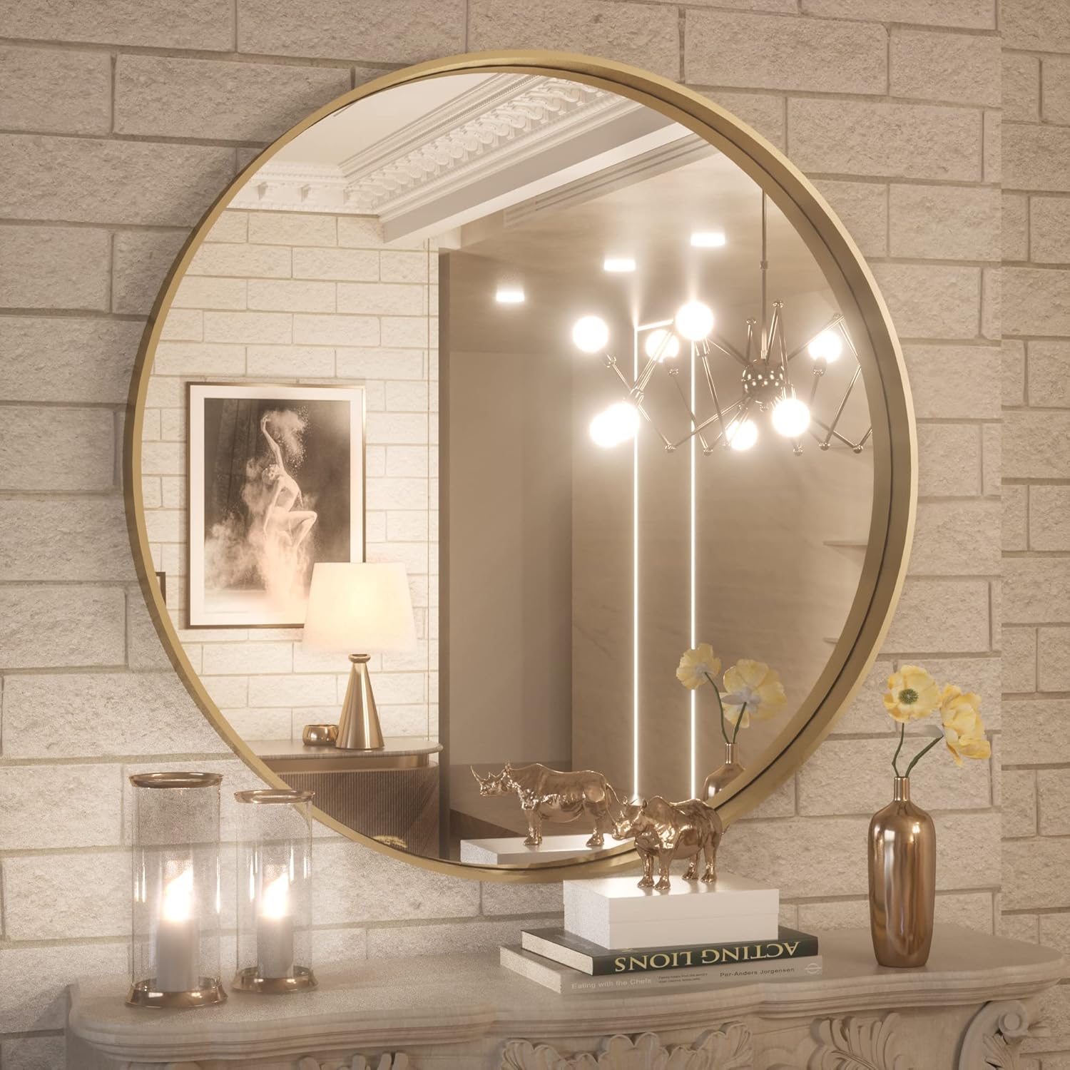 TokeShimi 30 Inch Gold Round Vanity Bathroom Mirror for Home