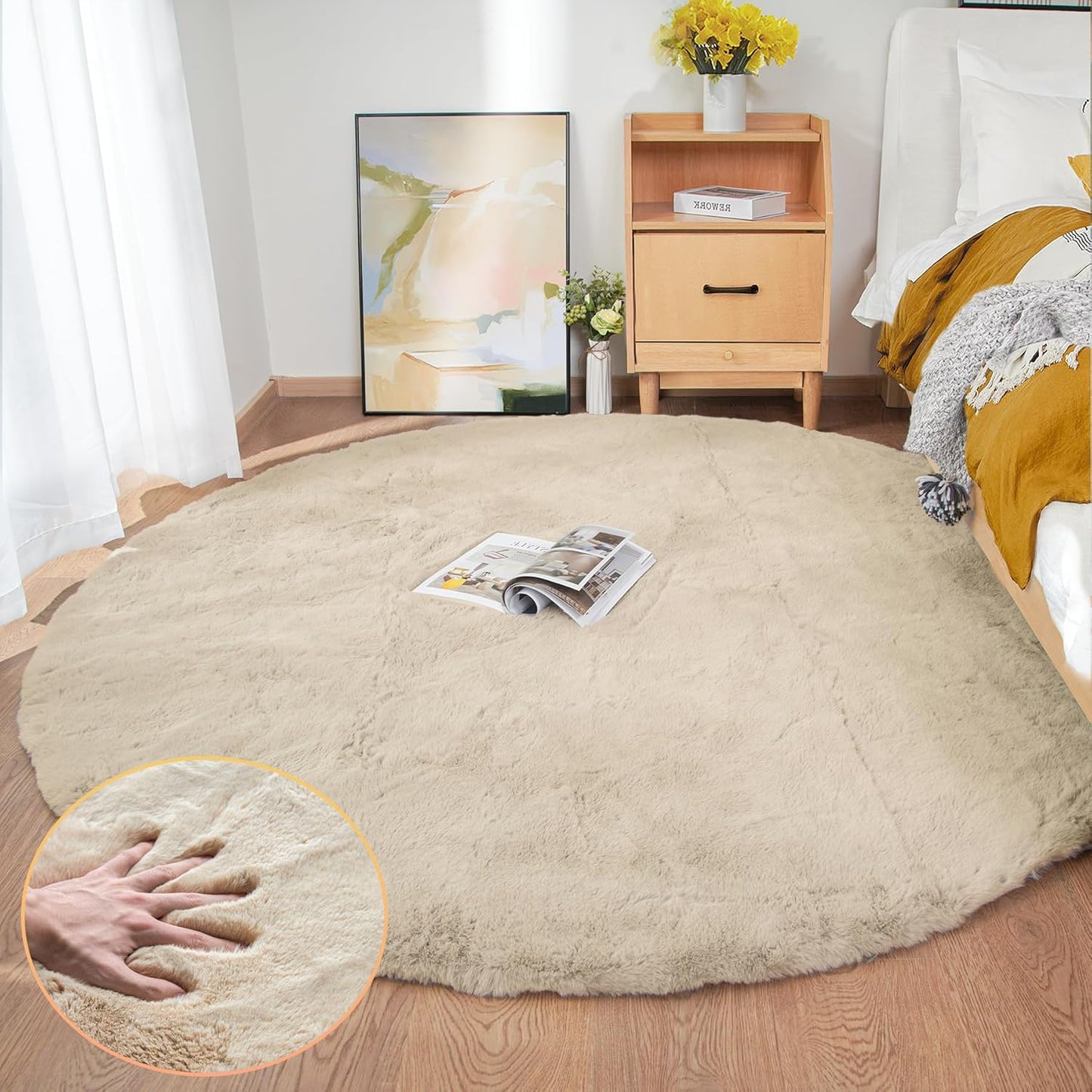 Washable Shag Round Rugs 6ft Camel Plush Faux Rabbit Fur Rug