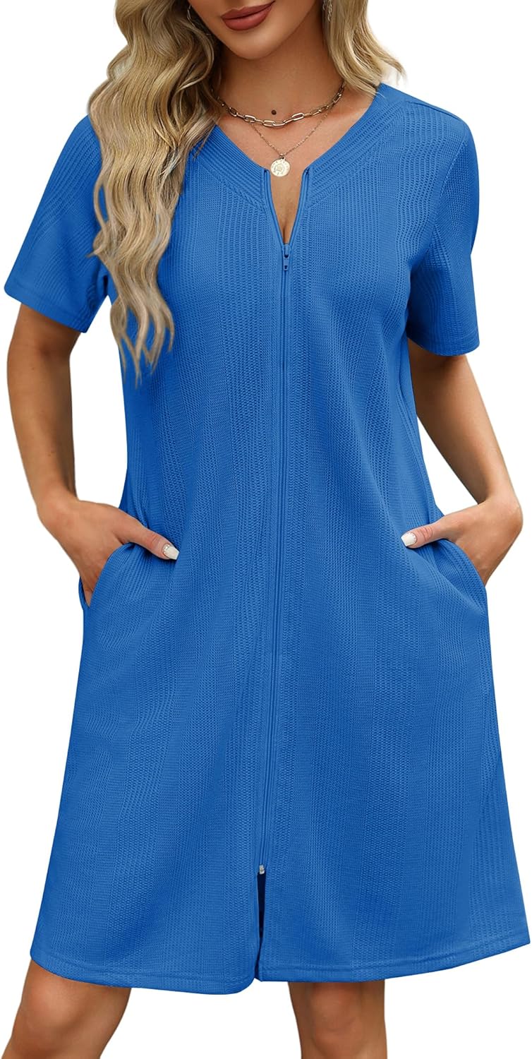 Ekouaer Women Zipper Robes Waffle Short Bathrobe with Pockets