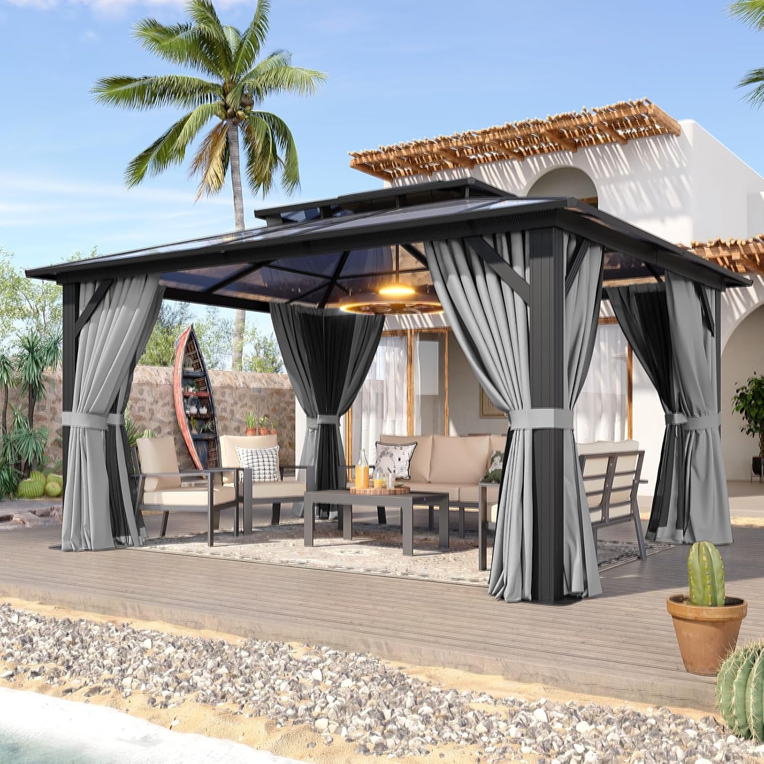 Aoxun 12ftx14ft Hardtop Gazebo with Curtains and Netting