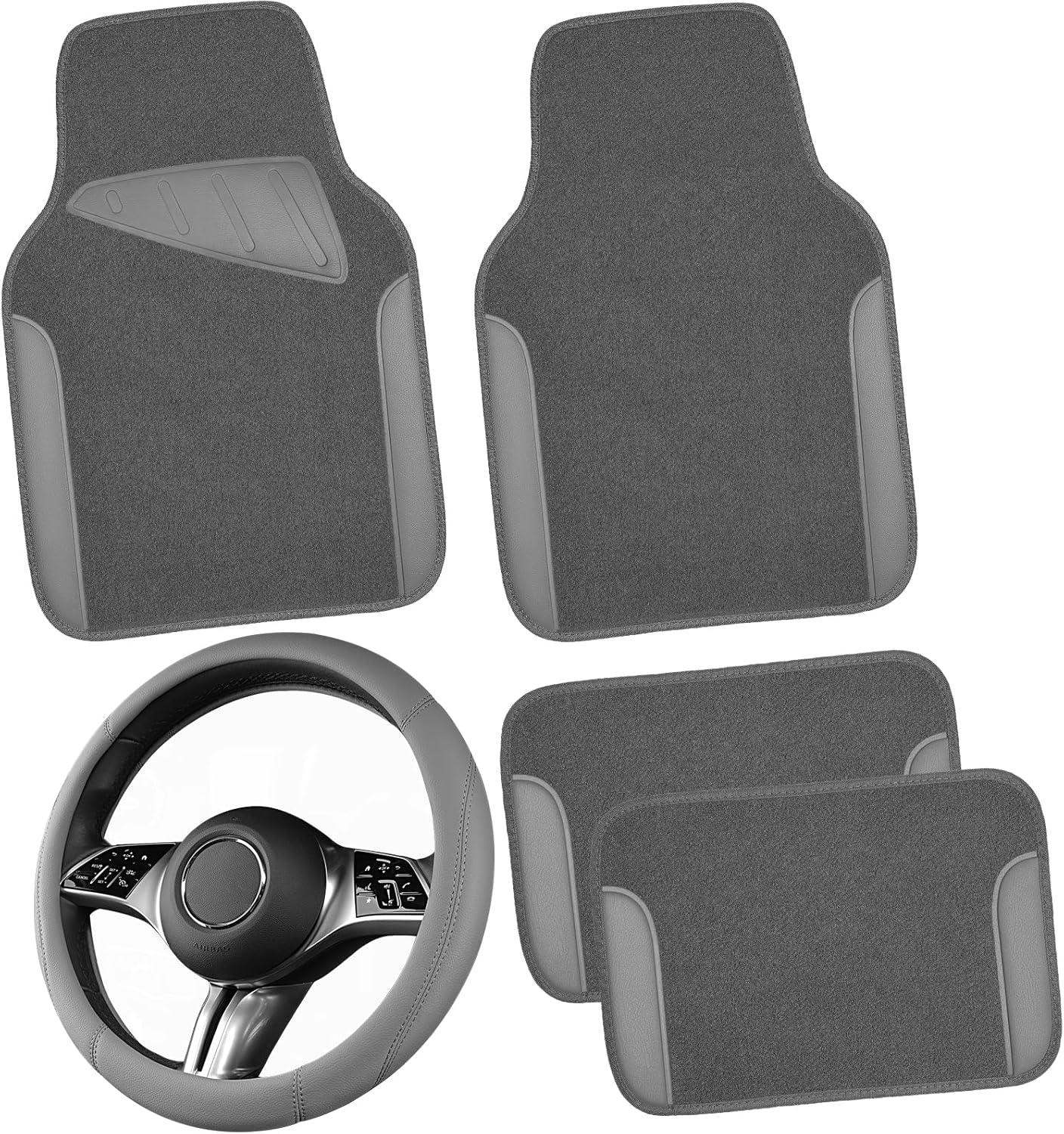 CAR PASS Microfiber Leather Steering Wheel Cover and Floor Mats