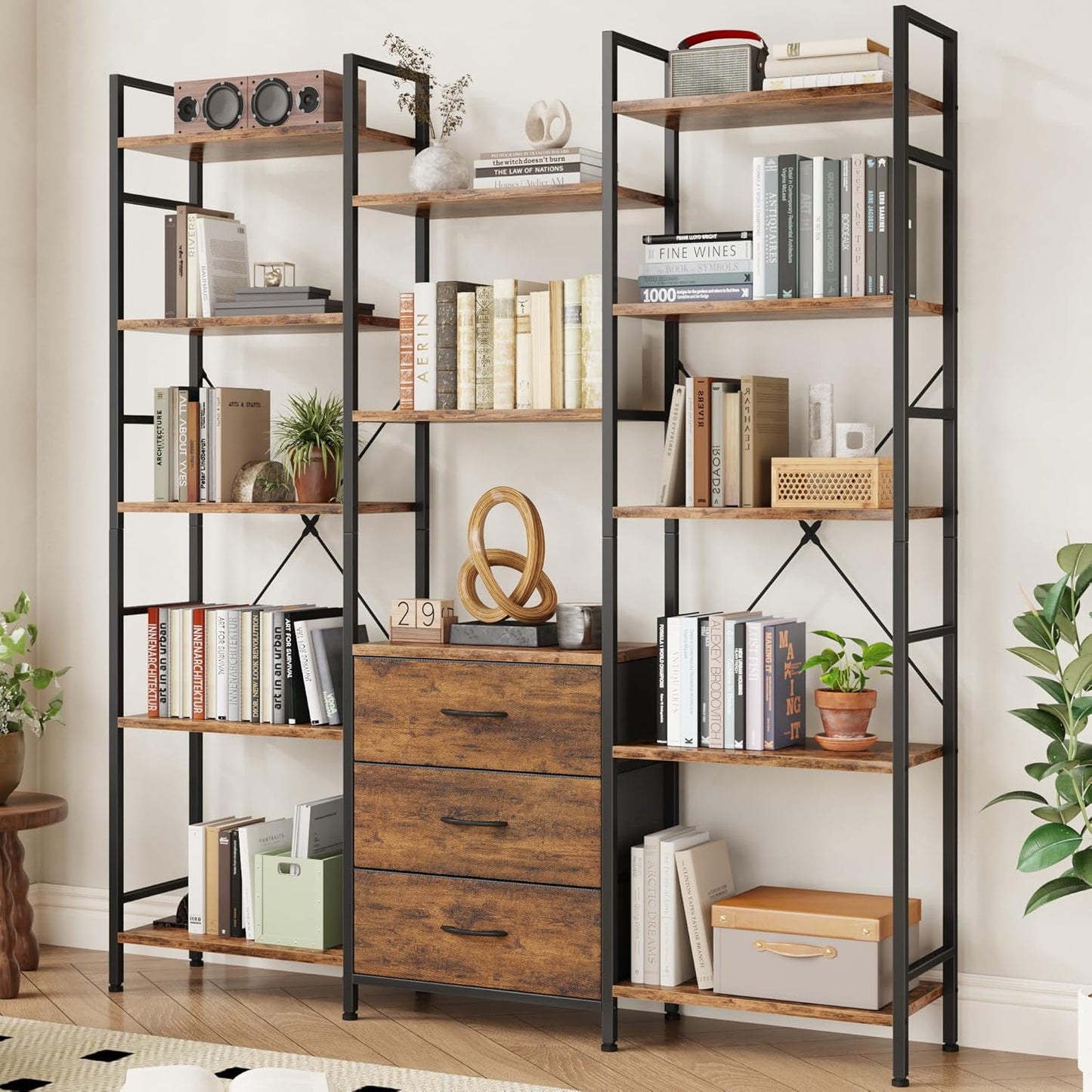 Triple Bookshelf with 3 Fabric Drawers for Home & Office