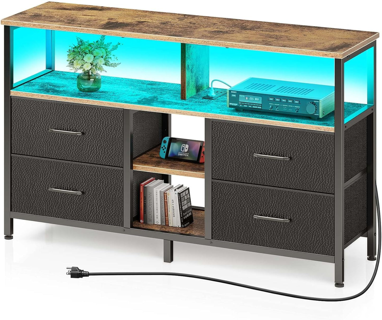 Rustic Brown TV Stand with Power Outlets & LED Light
