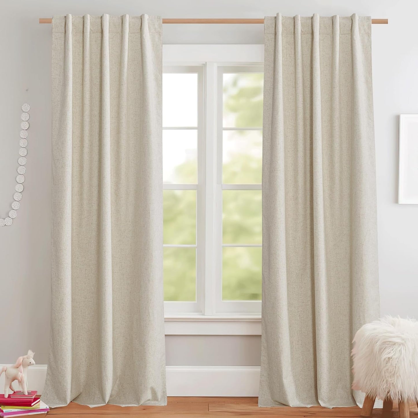 NICETOWN Natural Full Blackout Back Tab Linen Curtains for Home