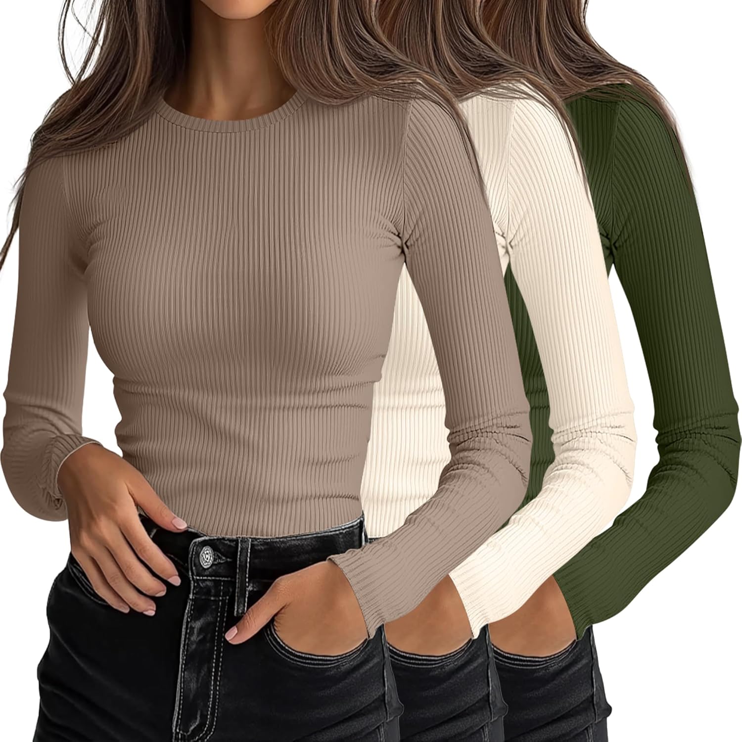 Ficerd 3 Pack Women's Ribbed Long Sleeve Tops for Every Occasion