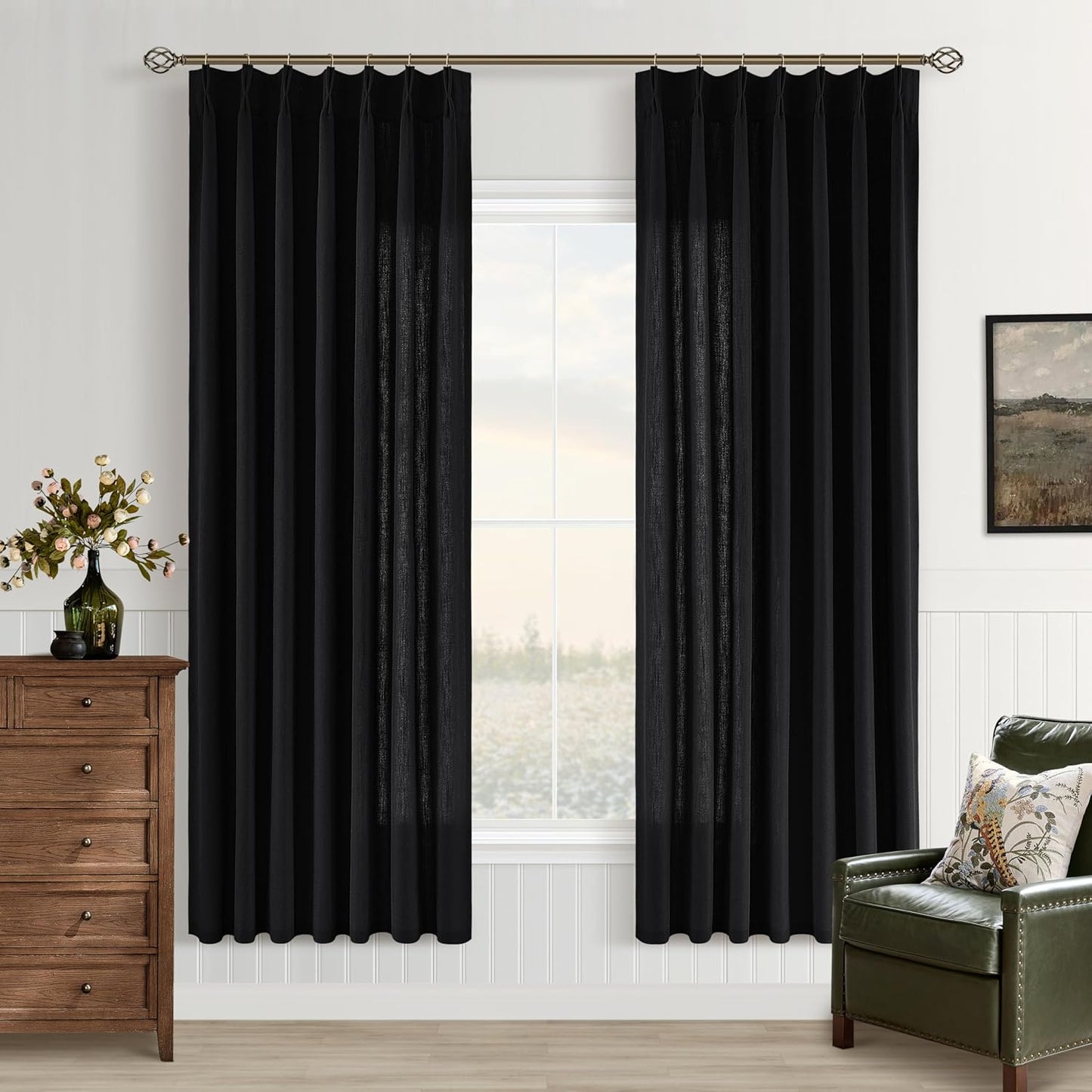 72 Inch Black Pinch Pleated Linen Curtains for Elegant Rooms