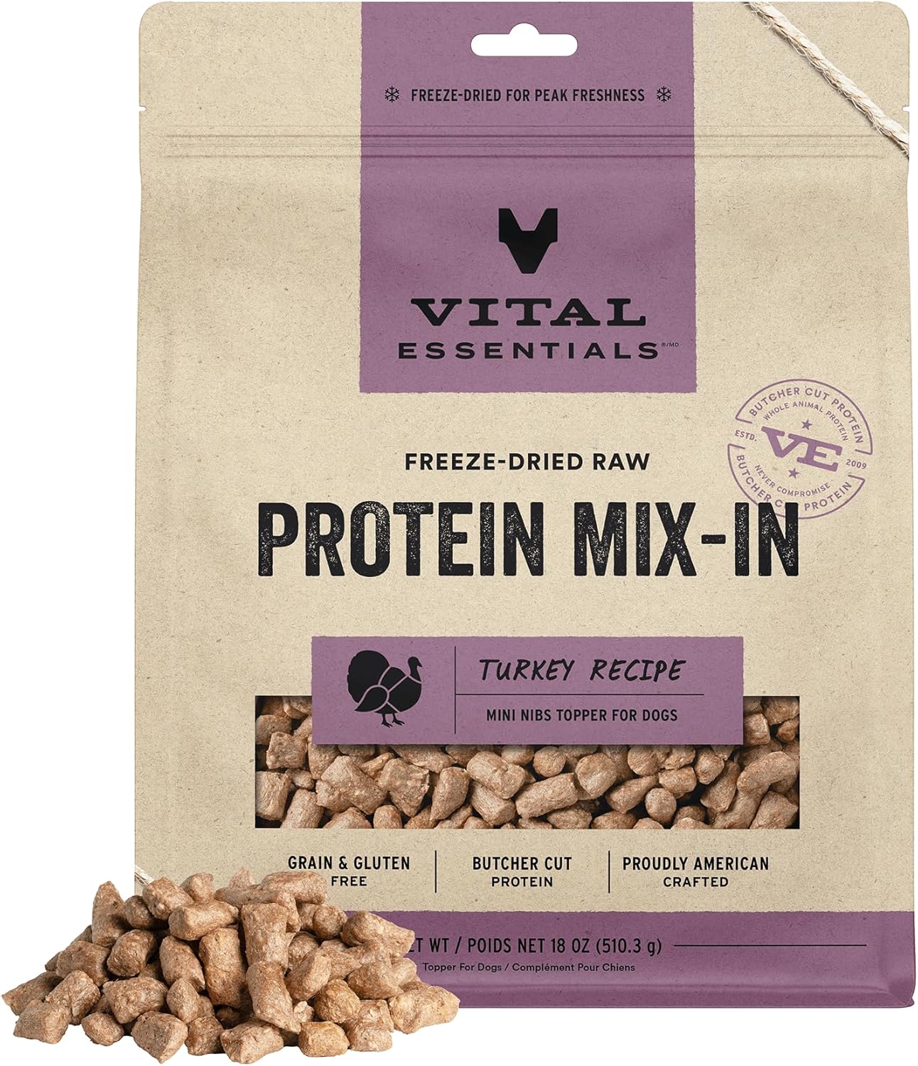 Vital Essentials Freeze Dried Raw Turkey Dog Food Topper 18 oz