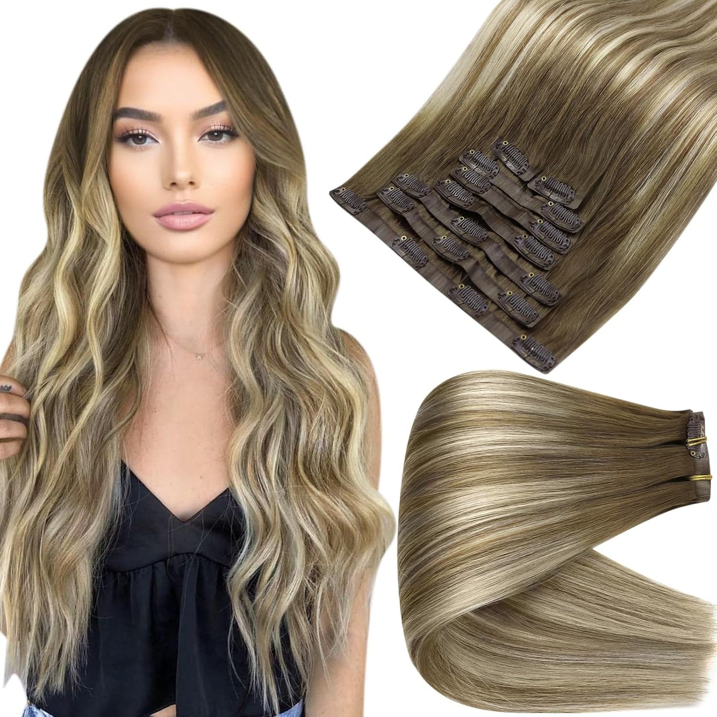 Full Shine Clip in Extensions for Luxurious Brown Balayage Hair