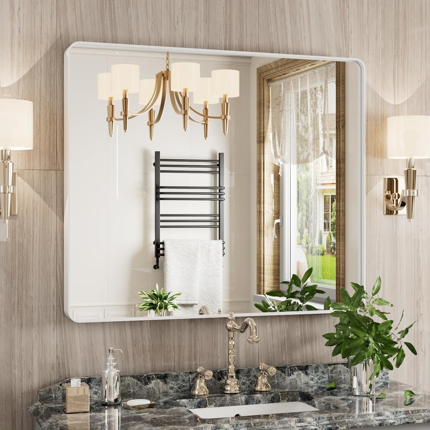 White Bathroom Mirror 30x36 Inch with Durable Metal Frame