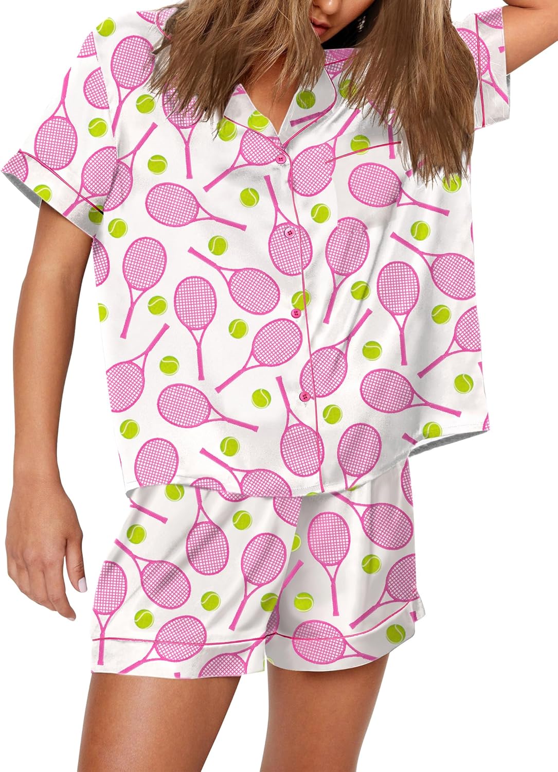 Satin Pajamas for Women Set with Sport Ball Print - Cozy Comfort