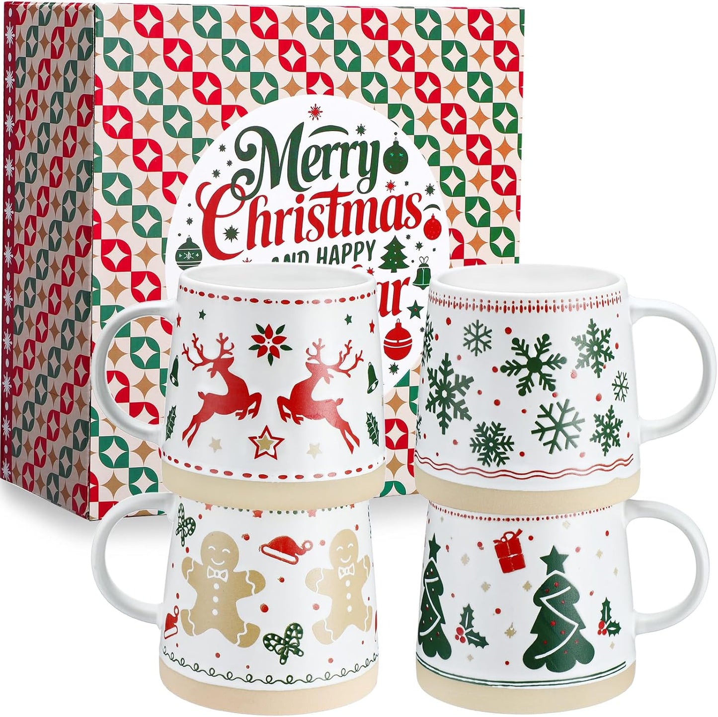 Meanplan Christmas Mugs Set of 4 for Holiday Beverages