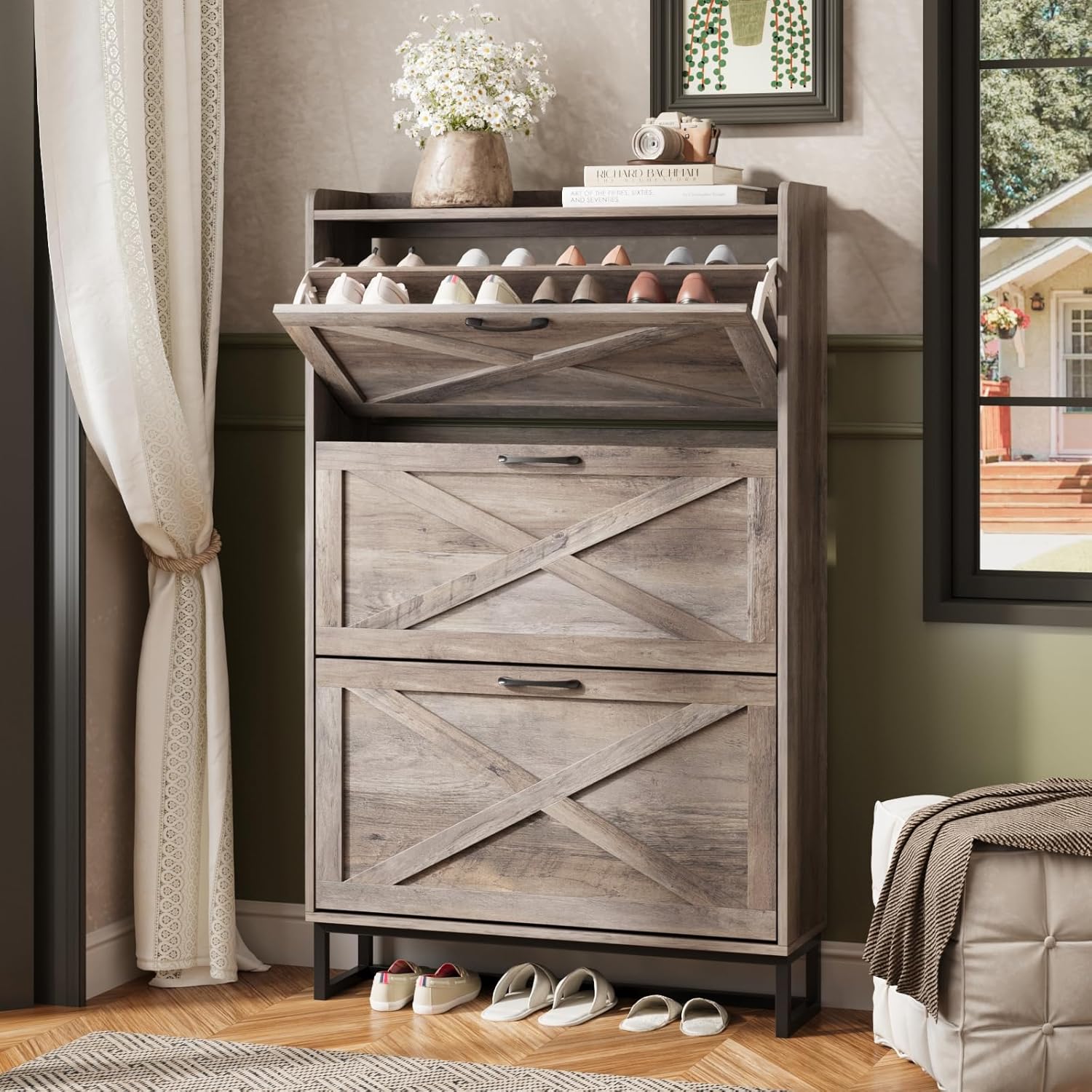 Maupvit Shoe Storage Cabinet with 3 Flip Drawers for Entryway