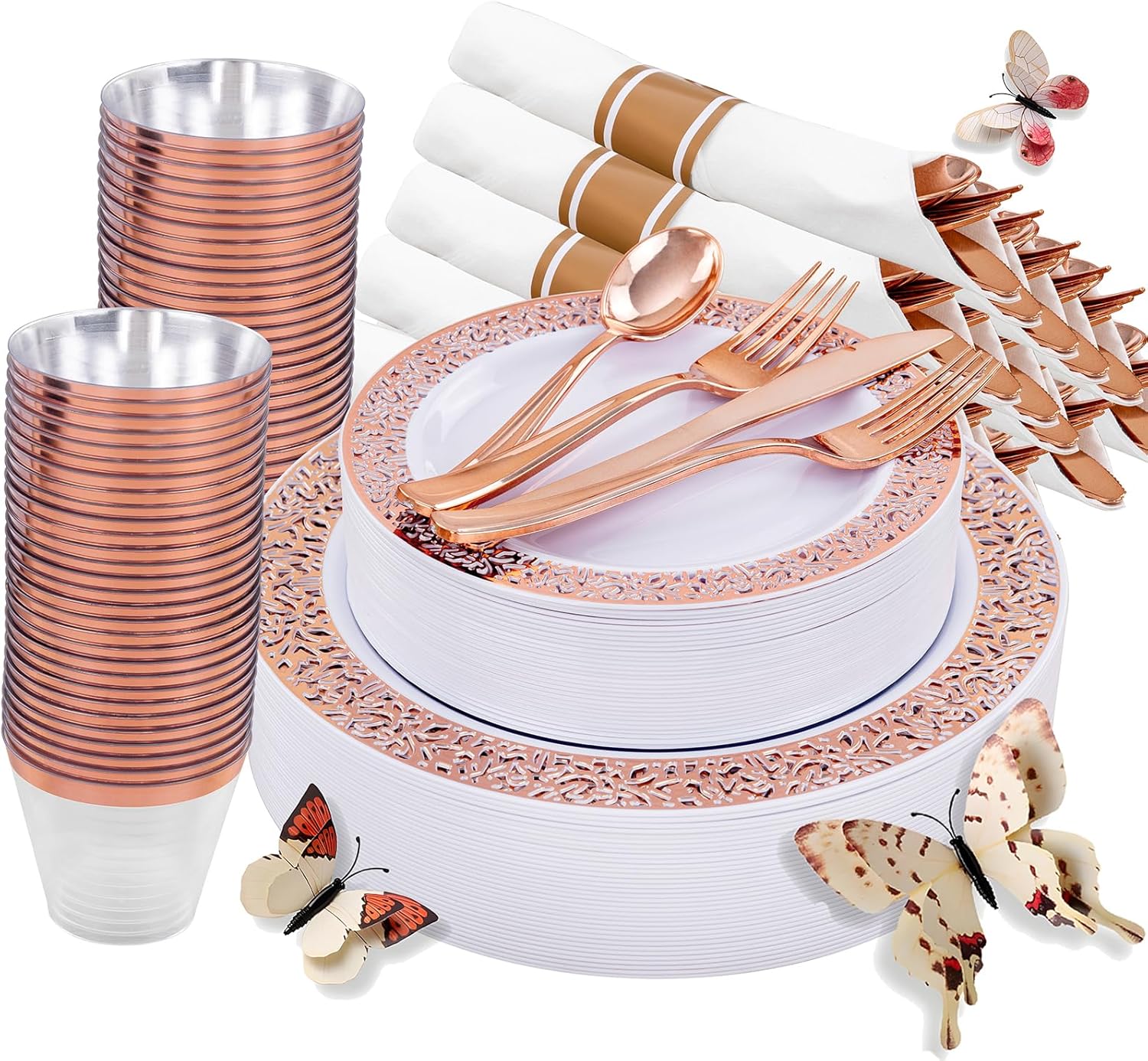 350 PCS Rose Gold Disposable Dinnerware Set for 50 Guests