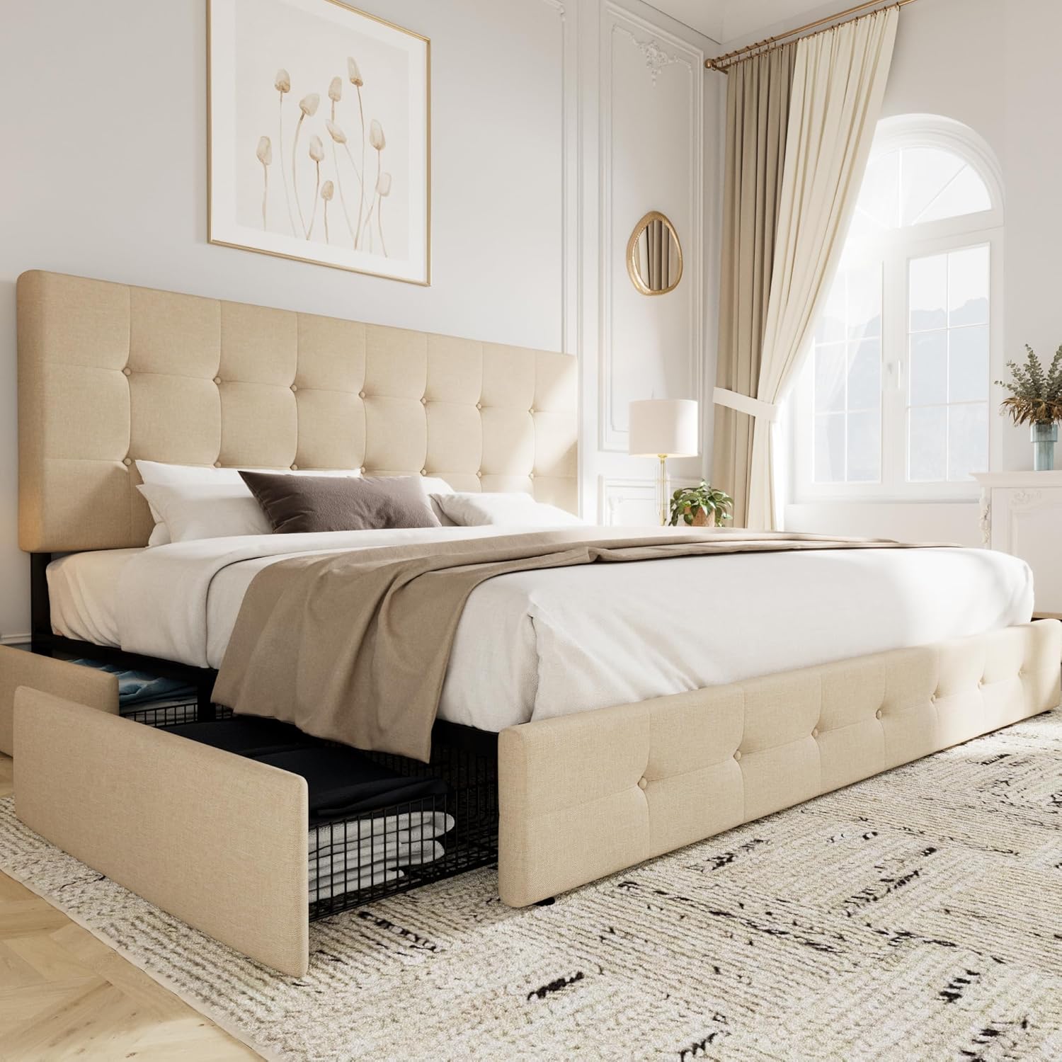 Allewie Upholstered King Size Platform Bed Frame with Storage Drawers