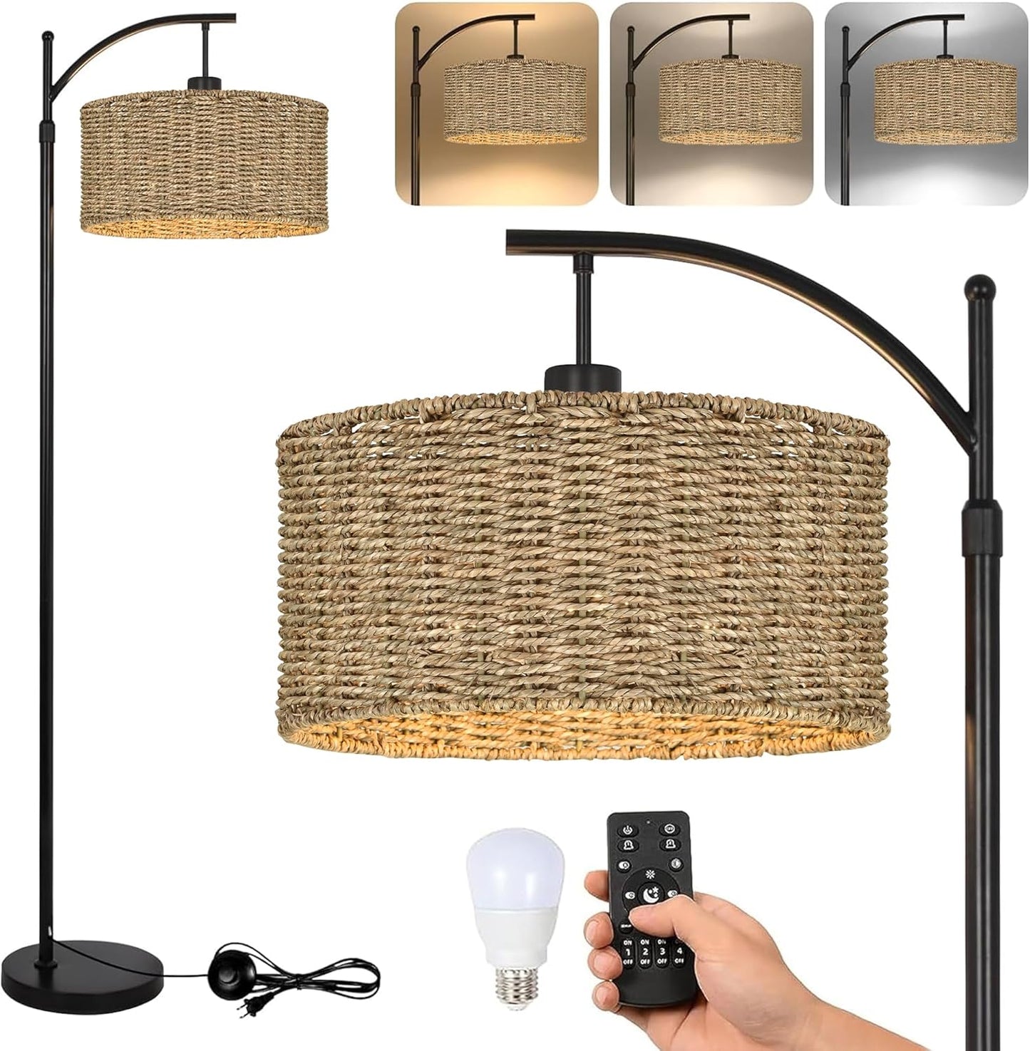 Arc Rattan Floor Lamp with Remote for Living Room Ambiance