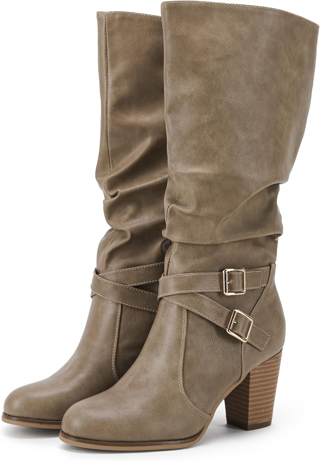 Ermonn Womens Mid Knee High Boots with Chunky Heel and Zipper
