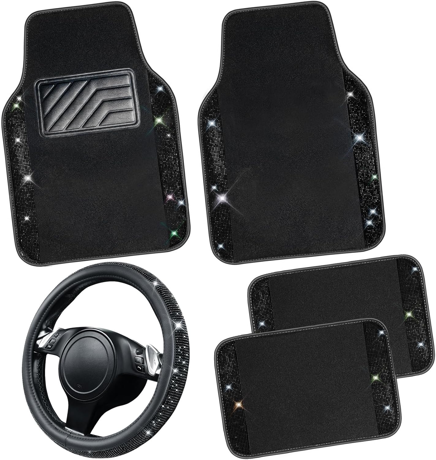 Bling Diamond Leather Steering Wheel Cover and Floor Mats Set