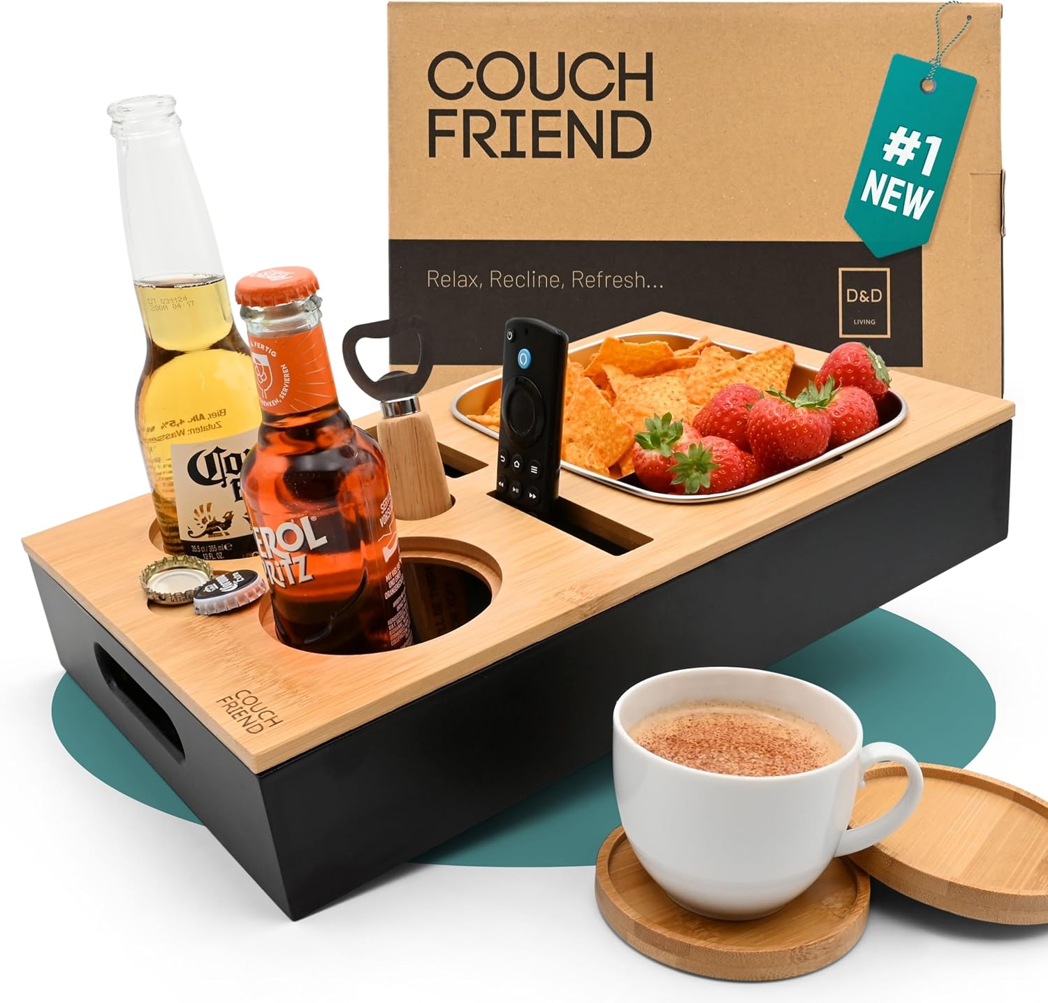 D&D Living Couch Caddy - Bamboo Console for Drinks and Snacks