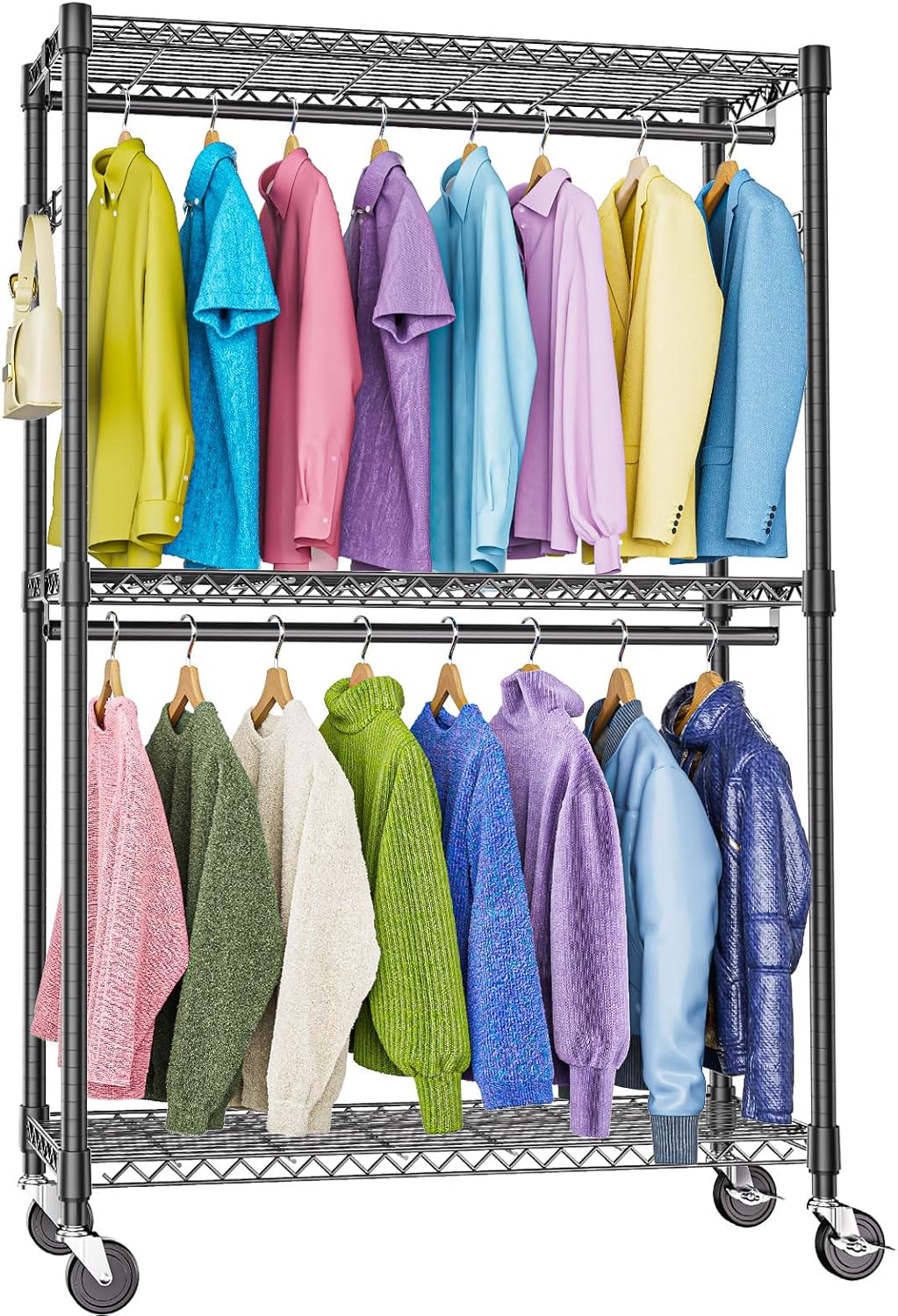 Heavy Duty Rolling Garment Rack with Adjustable Shelving and Hooks