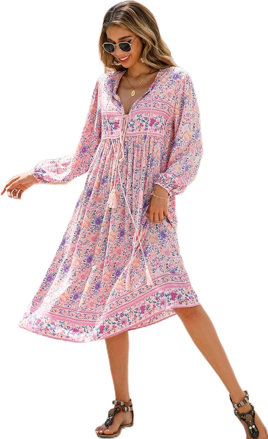 R.Vivimos Women's Long Sleeve Floral Print Bohemian Midi Dress