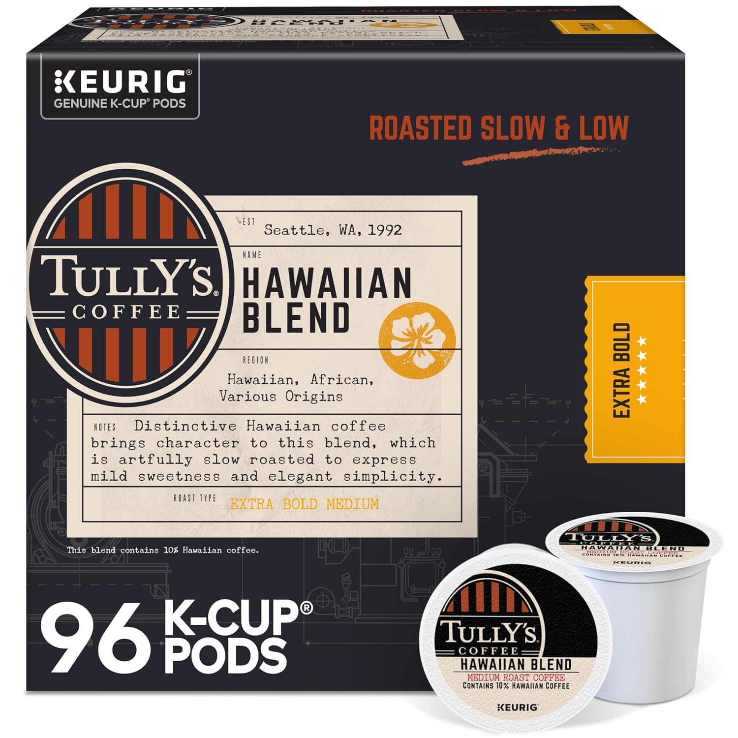 Tully's Coffee Hawaiian Blend K-Cup Pods for Keurig Machines