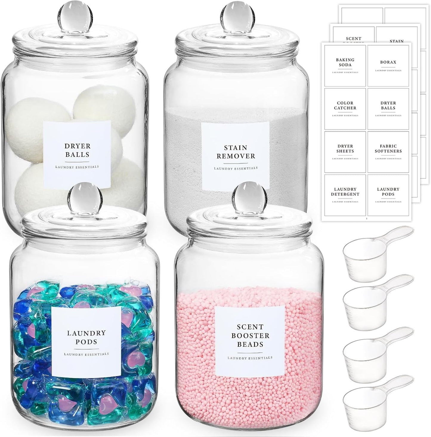4 Pack Glass Jars with Lids for Laundry Room Organization