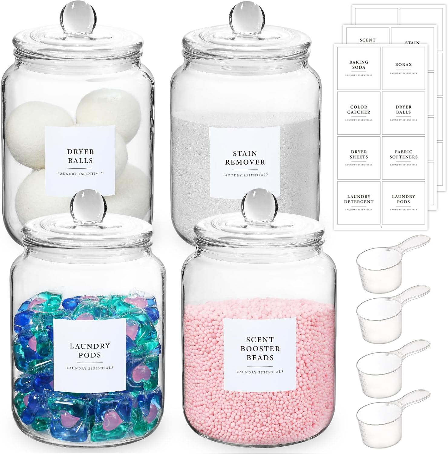 4 Pack Glass Jars with Lids for Laundry Room Organization