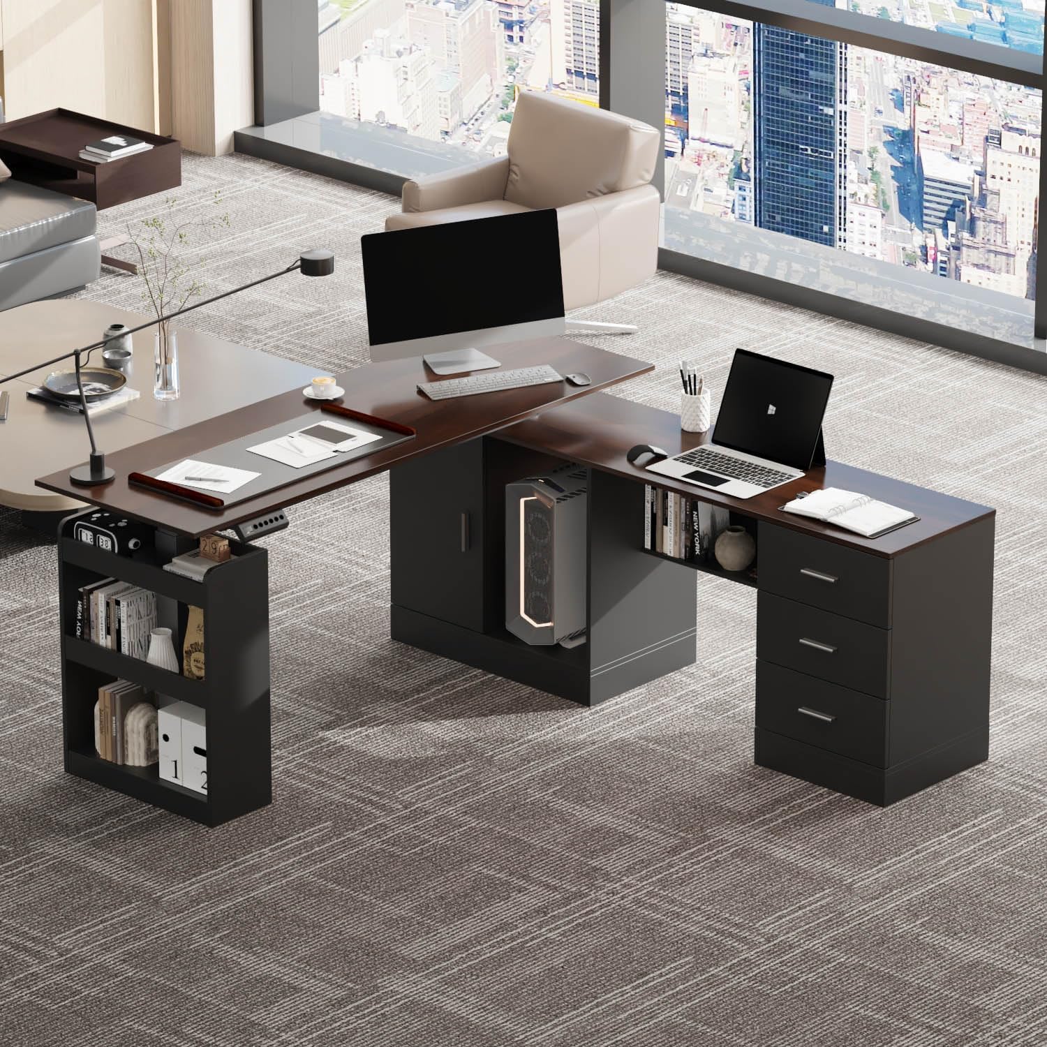 Height-Adjustable L-Shaped Standing Desk with Storage - Timechee